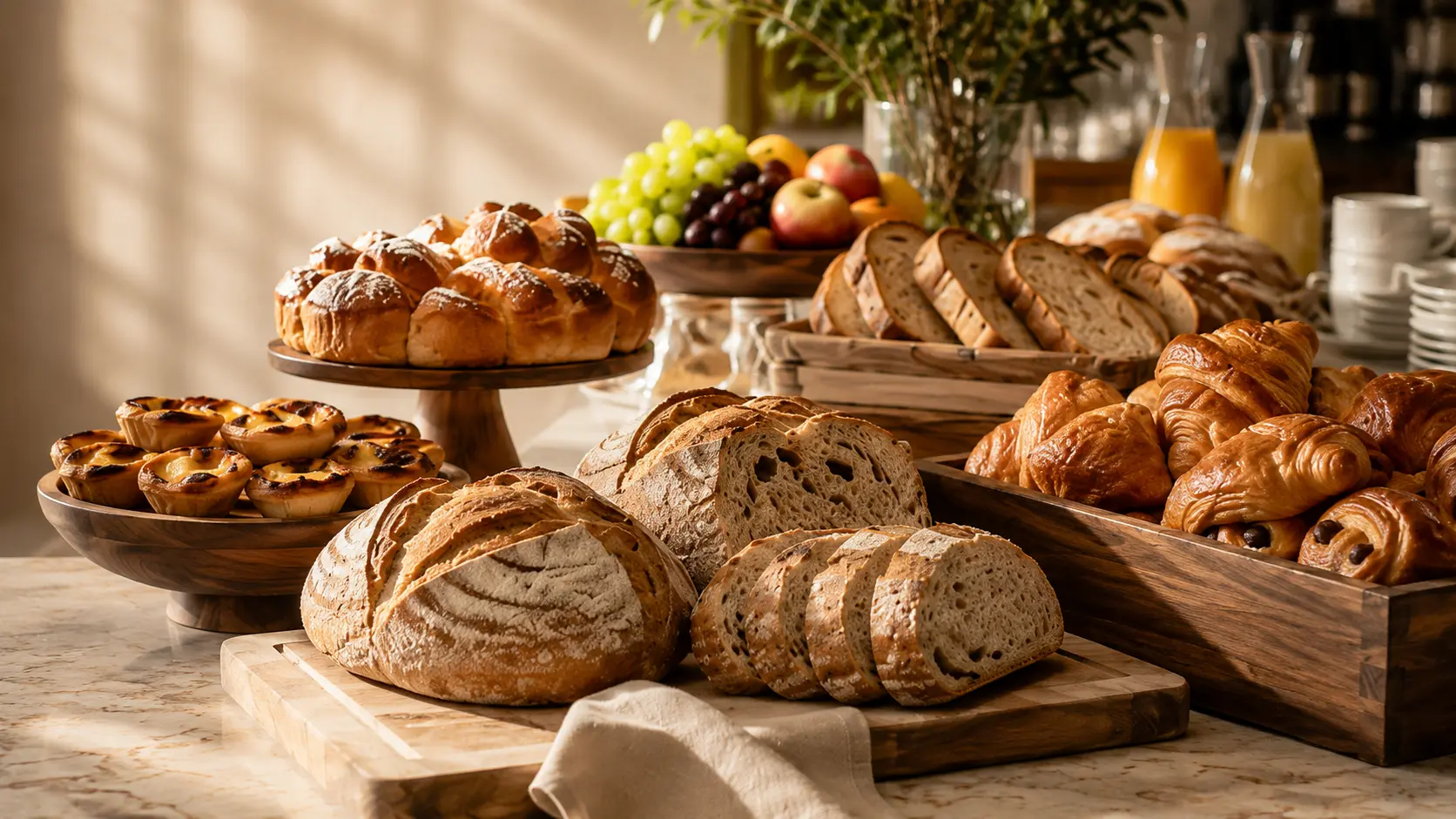 Hotel breakfast buffet with sourdough bread, croissants and artisan pastry