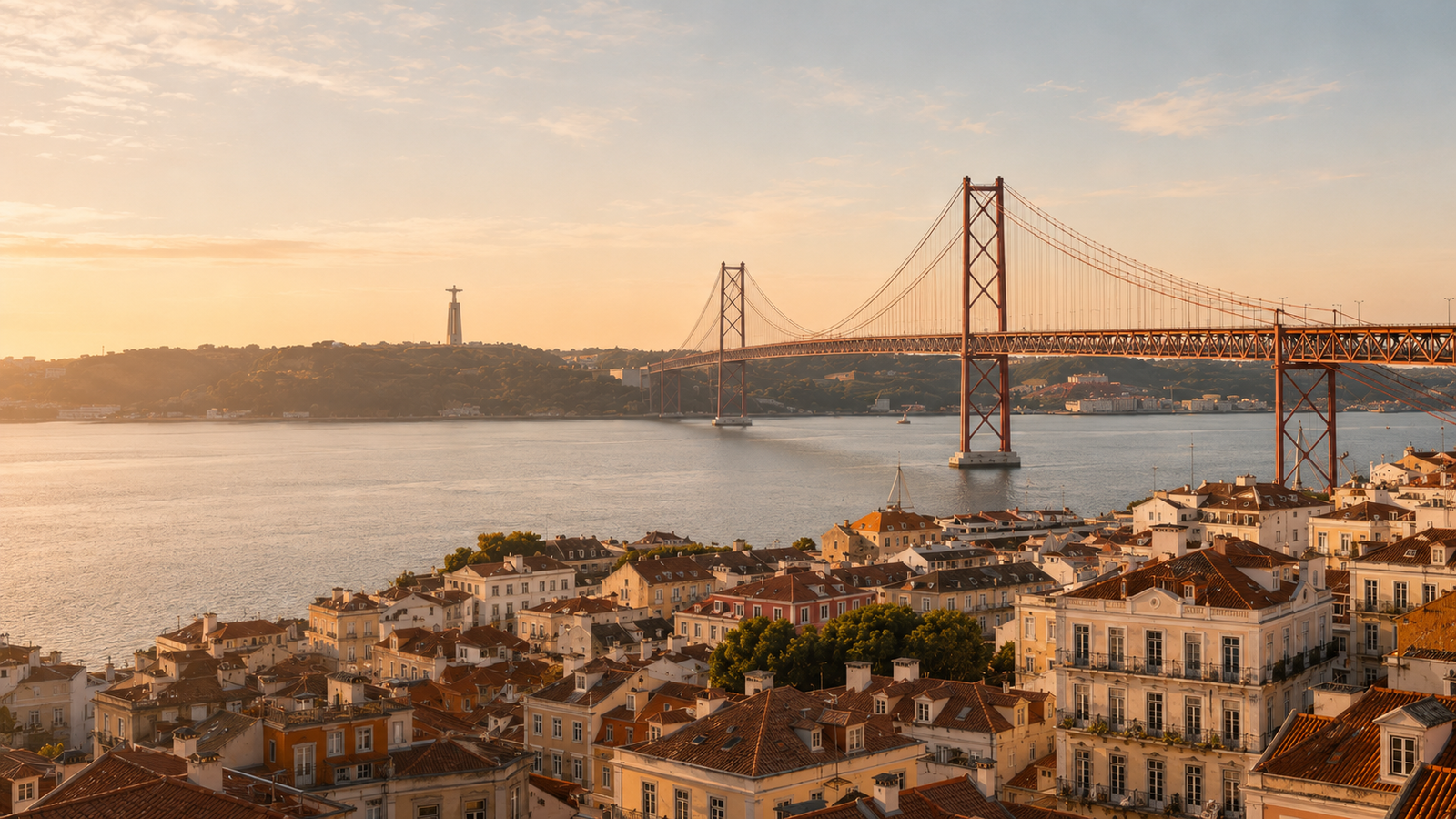 Lisbon rooftops, the Tagus River and the 25 de Abril Bridge at golden hour